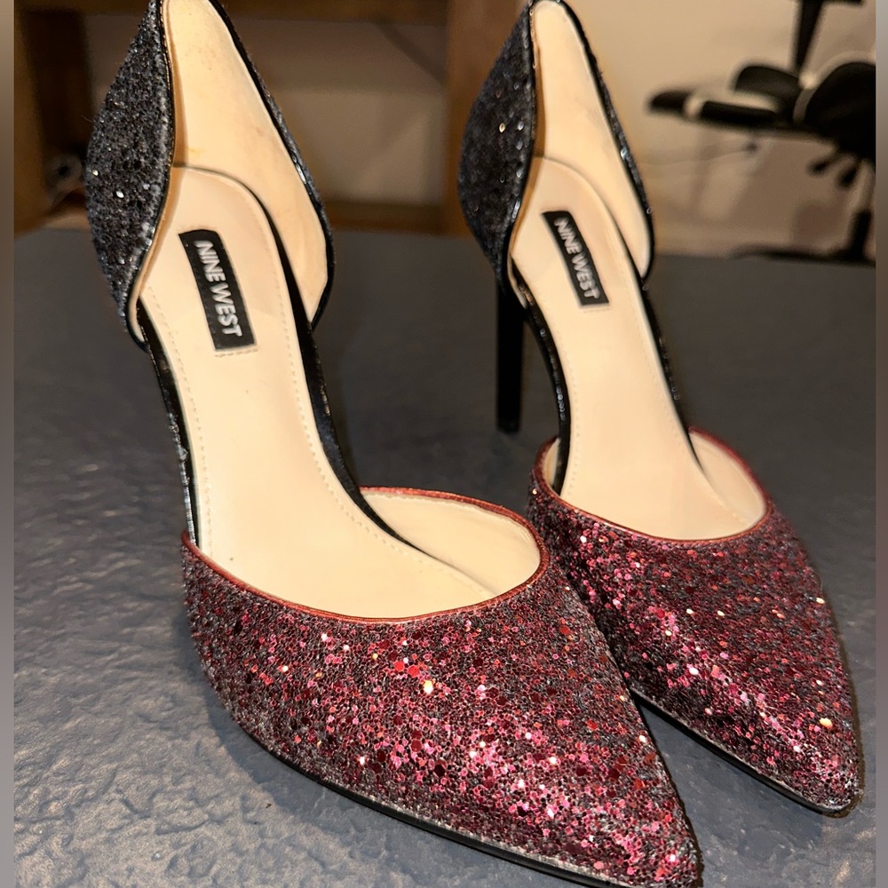 Black and red glitter Nine West pointed toe stiletto pumps